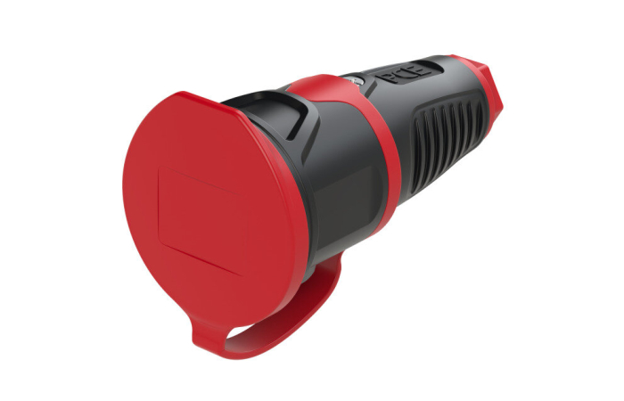 2511-SR JÄTKUPISTIKUPESA 16A 250V IP54 KAITSEKAANEGA MUST/PUNANE PCE