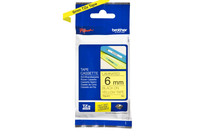 BROTHER PRINTERI LINT KOLLANE TZE-611 6MMX8M MUST TEKST