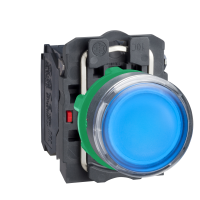 XB5AW36B5 SURUNUPP VALGUSTATUD PLAST SÜVIS SININE Ø22 TAGASTUV 24V AC/DC 1 NO + 1 NC