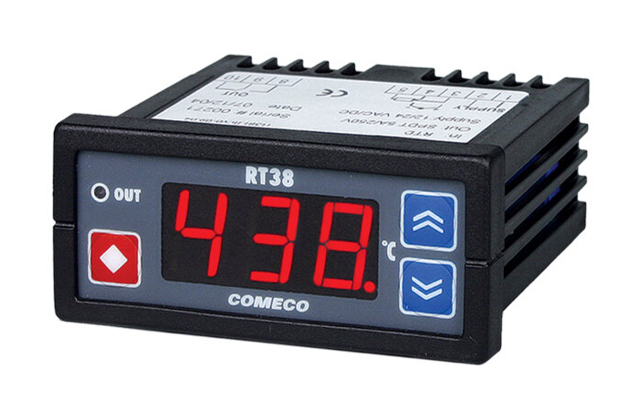 RT38 TEMPERATUURI REGULAATOR COMECO  230VAC 1NO/NC ANDURILE PT-100.TERMOPAARILE. MÕÕT 72X36MM