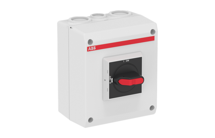 OTP16T3M TURVALÜLITI PLASTKORPUSES 3P 16A 7.5kW IP65 2xM25+M16 LÄBIVIIKUDETA ABIKONTAKTIGA ABB